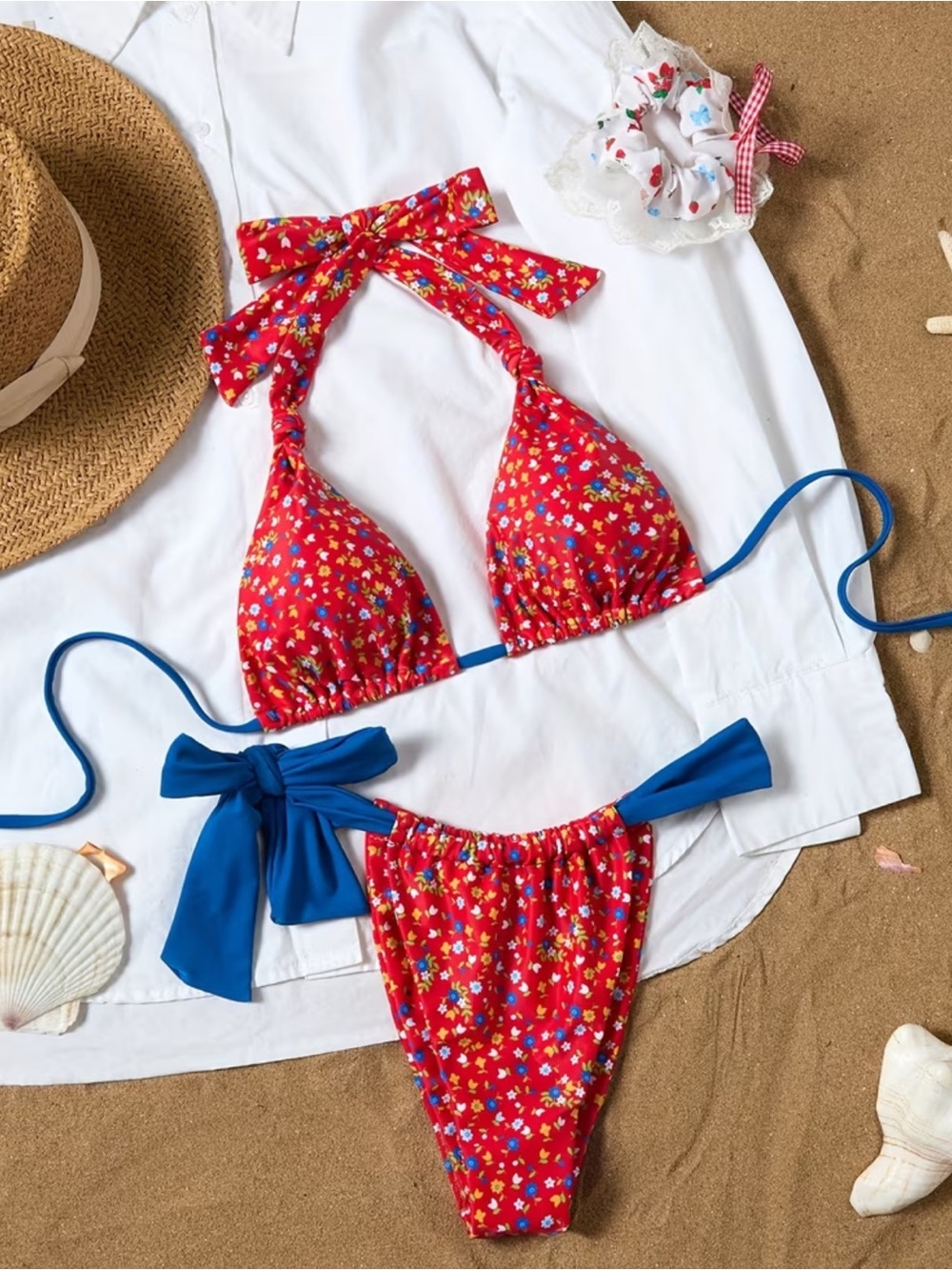 Red Floral Girls' Tie Bikini with Blue Accents - Kids Swim